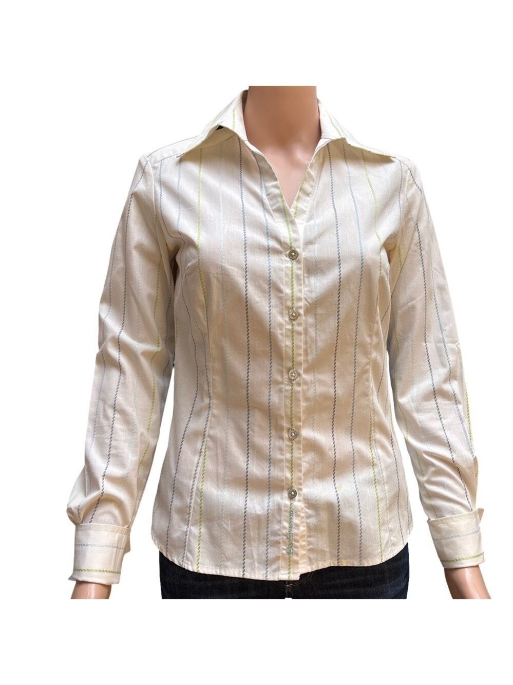 Ben Sherman Women's White Blue Cotton Striped Button-Up Shirt XS